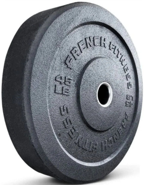 French Fitness Olympic Bumper Plates Set w/7 ft Olympic Bar 285 lbs - Crumb Rubber (New) - Close Up View