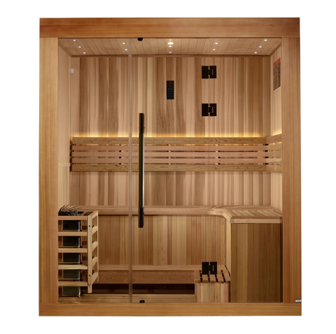 Golden Designs GDI-7389-02 Copenhagen Edition 3 Person Traditional Steam Sauna - Canadian Red Cedar Interior and Pacific Premium Clear Cedar Exterior (New)