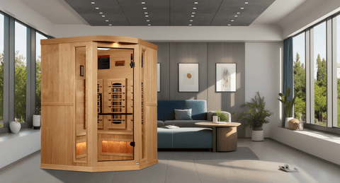 Golden Designs GDI-8035-03 3-Person Corner Full Spectrum PureTech Near Zero EMF FAR Infrared Sauna with Himalayan Salt Bar (New) Image 5