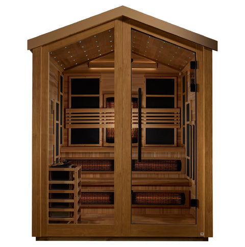 Golden Designs GDI-8526-01 Kaskinen 6 Person Hybrid (PureTech Full Spectrum IR or Traditional Stove) Outdoor Sauna - Canadian Red Cedar Interior (New)