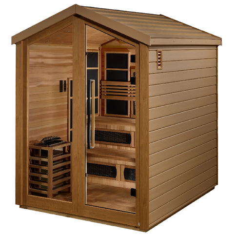 Golden Designs GDI-8526-01 Kaskinen 6 Person Hybrid (PureTech Full Spectrum IR or Traditional Stove) Outdoor Sauna - Canadian Red Cedar Interior (New)