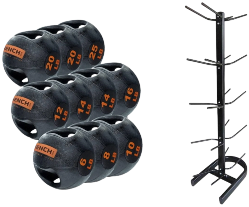 French Fitness Dual Grip Medicine Ball Set of 10 (6 to 25 lbs) w/Rack (New)
