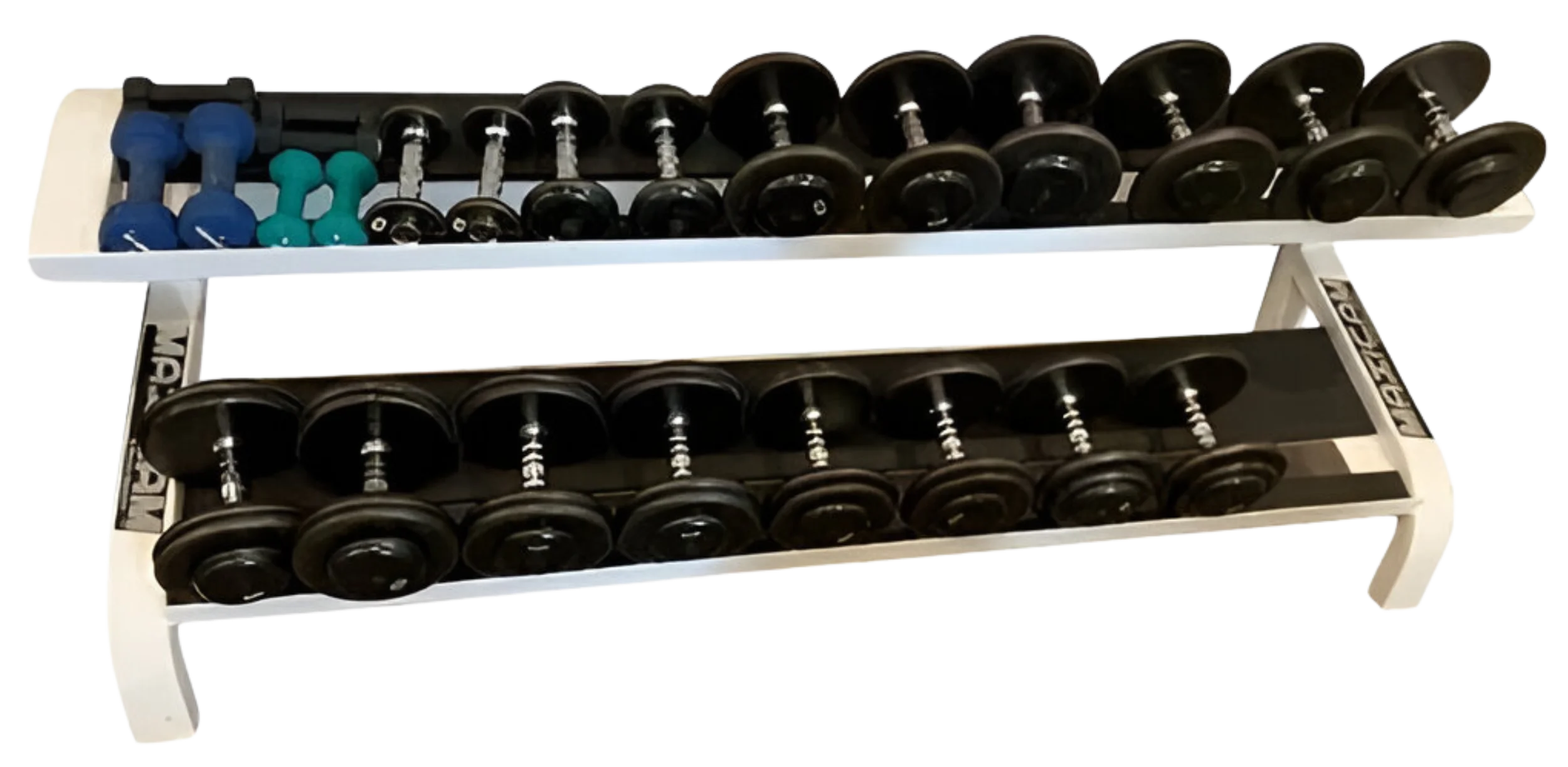 Maxicam 2 Tier Saddle Dumbbell Rack w/5-50 Ivanko Dumbbell Set - 9 Pairs "As is"