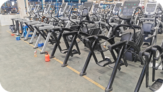 Rows of French Fitness elliptical cross trainers lined up in warehouse during assembly, showcasing consoles, frames, and pedals