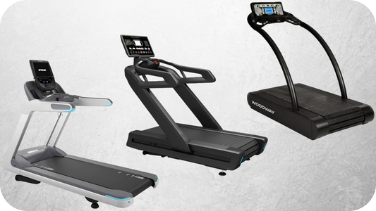 A lineup of three commercial treadmills side by side, including models from Precor, French Fitness, and Woodway.