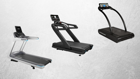 Three modern treadmills including Precor, Life Fitness, and Woodway models displayed side by side on a light gray background for a home treadmill comparison.