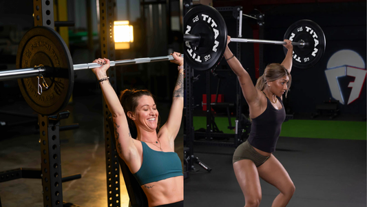 Side-by-side image of two women performing overhead barbell lifts in a gym, each using weight plates from different brands.