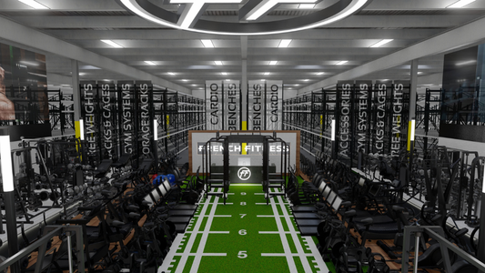 Expansive French Fitness showroom featuring strength and cardio equipment, free weights, power racks, and a central turf training lane beneath a large illuminated FF logo.