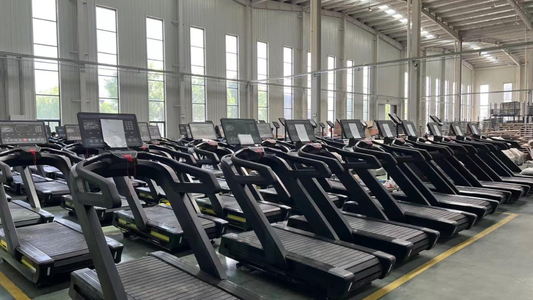 Curved treadmills lined up inside a spacious, well-lit manufacturing facility, ready for distribution or quality inspection.