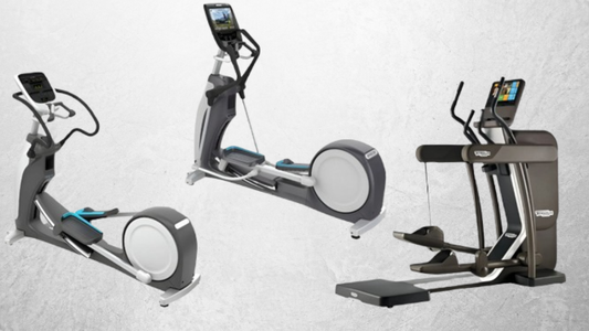 A collage showing three Commercial elliptical trainers with sleek designs, large consoles, and advanced stride systems.