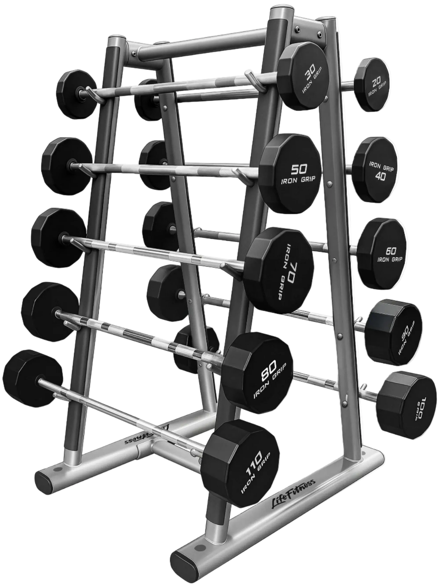 Life Fitness SBBR Signature Barbell Rack w/Iron Grip Straight Barbells (20lb-110lb) (Used) - Angled View
