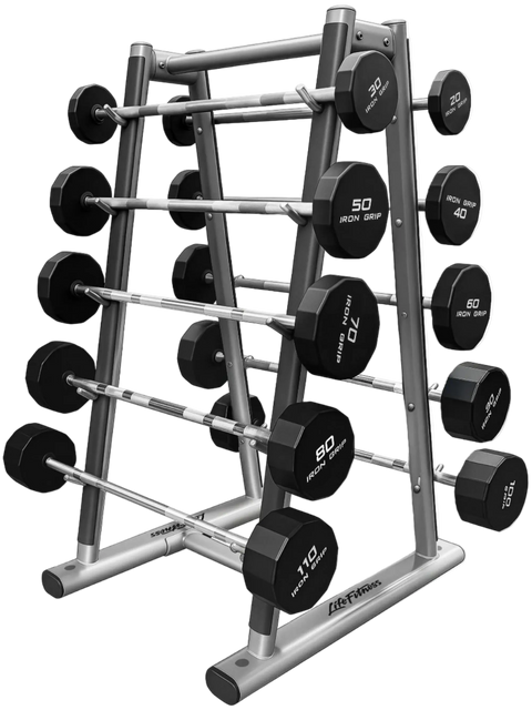 Life Fitness SBBR Signature Barbell Rack w/Iron Grip Straight Barbells (20lb-110lb) (Used) - Angled View