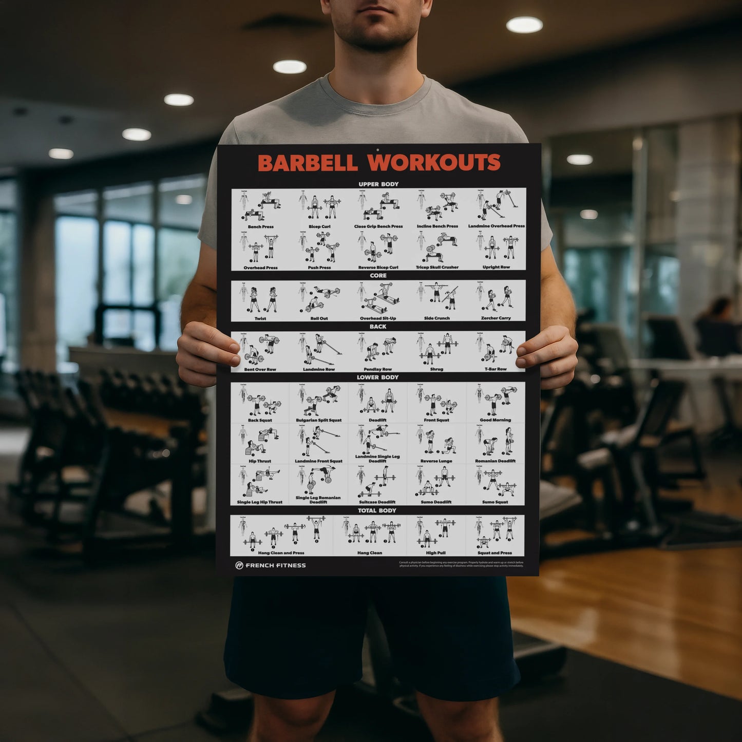 French Fitness Barbell Workout Training Charts / Posters (New)