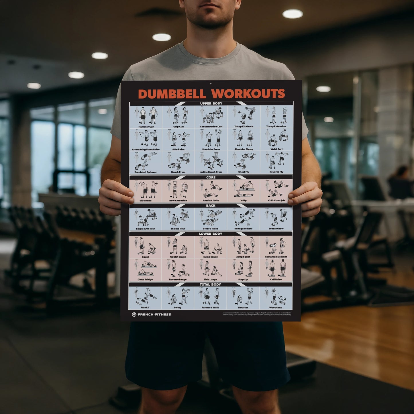 French Fitness Dumbbell Workout Training Charts / Posters (New) - Model view