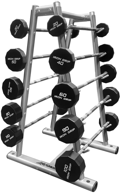 Life Fitness SBBR Signature Barbell Rack w/Iron Grip Straight Barbells (20lb-110lb) (Used) - Angled View