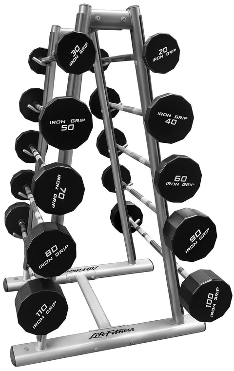 Life Fitness SBBR Signature Barbell Rack w/Iron Grip Straight Barbells (20lb-110lb) (Used) - Side View
