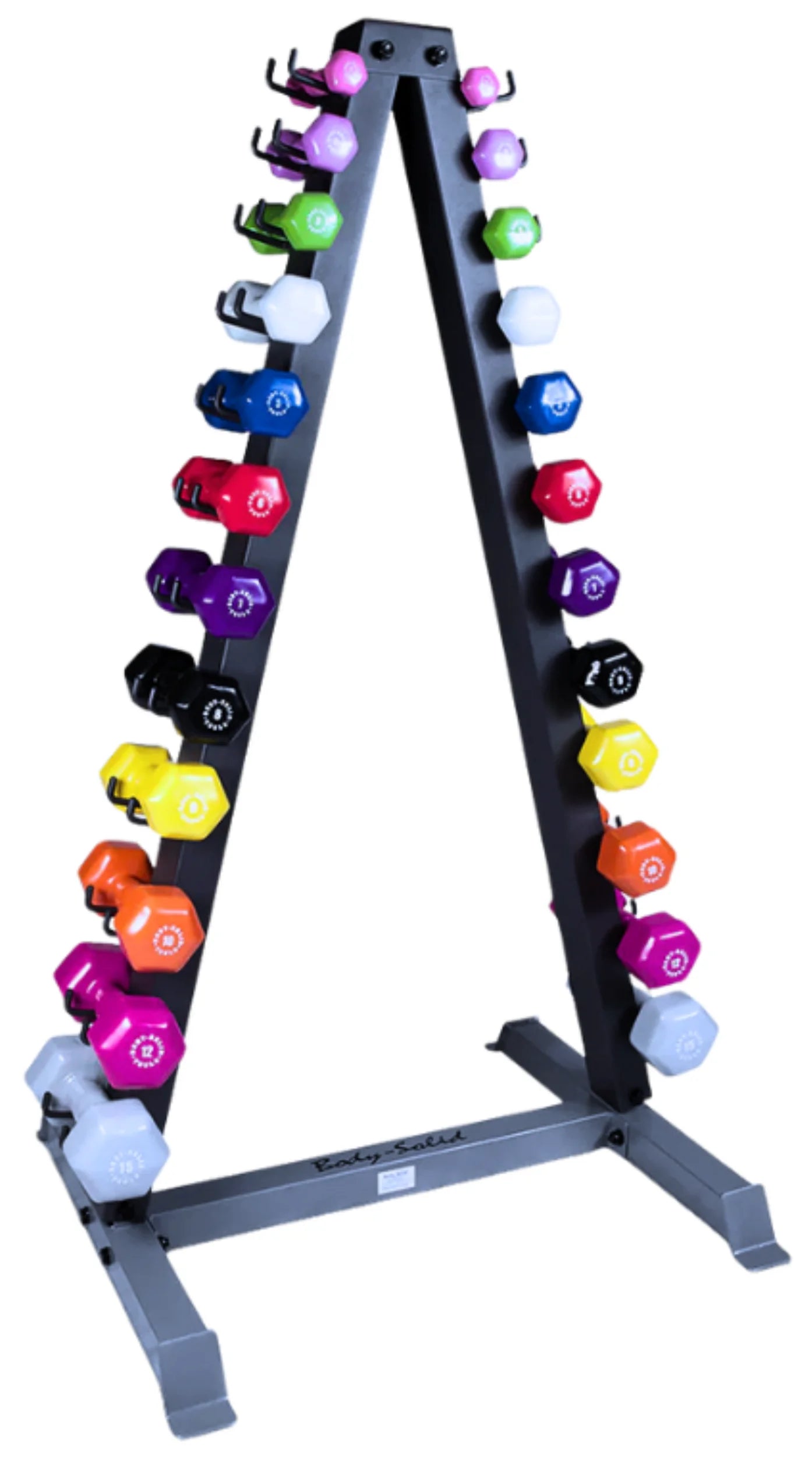 Body Solid GDR24B 12 Pair Vertical Dumbbell Rack - Angled View with Dumbbells