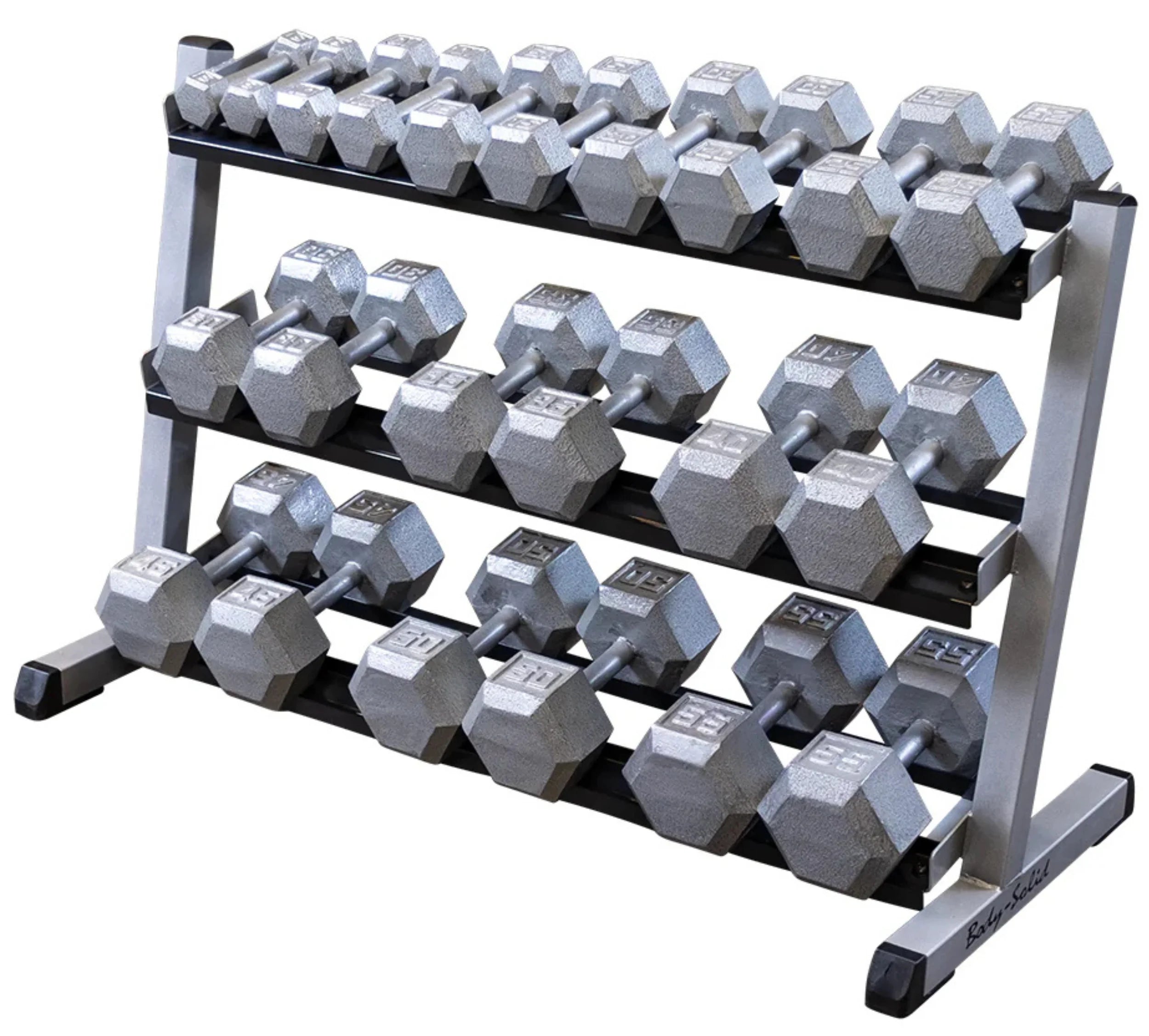 Body Solid GDR48B 3 Tier Horizontal 48" Dumbbell Rack - Angled View with Dumbbbells