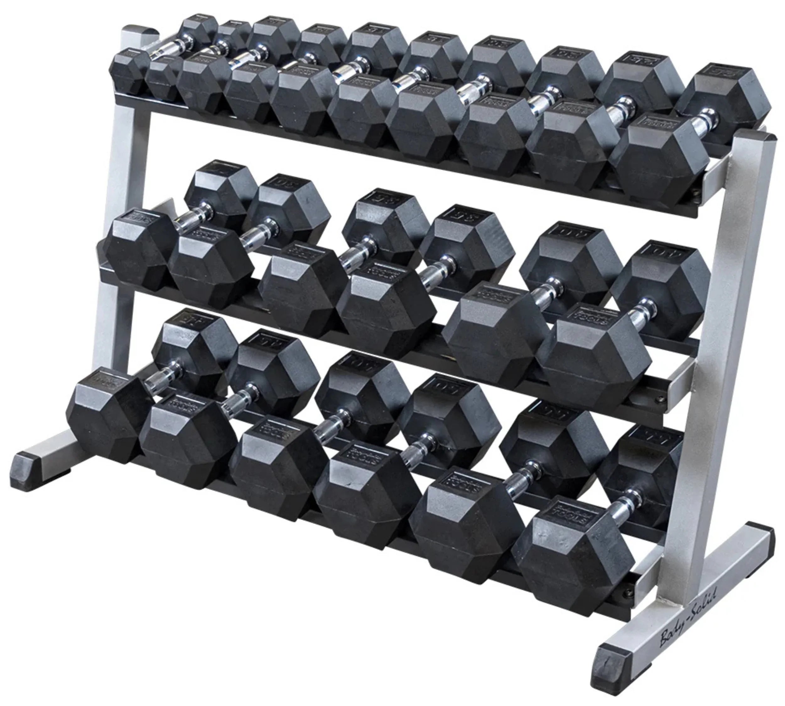 Body Solid GDR48B 3 Tier Horizontal 48" Dumbbell Rack - Angled View with Dumbbbells