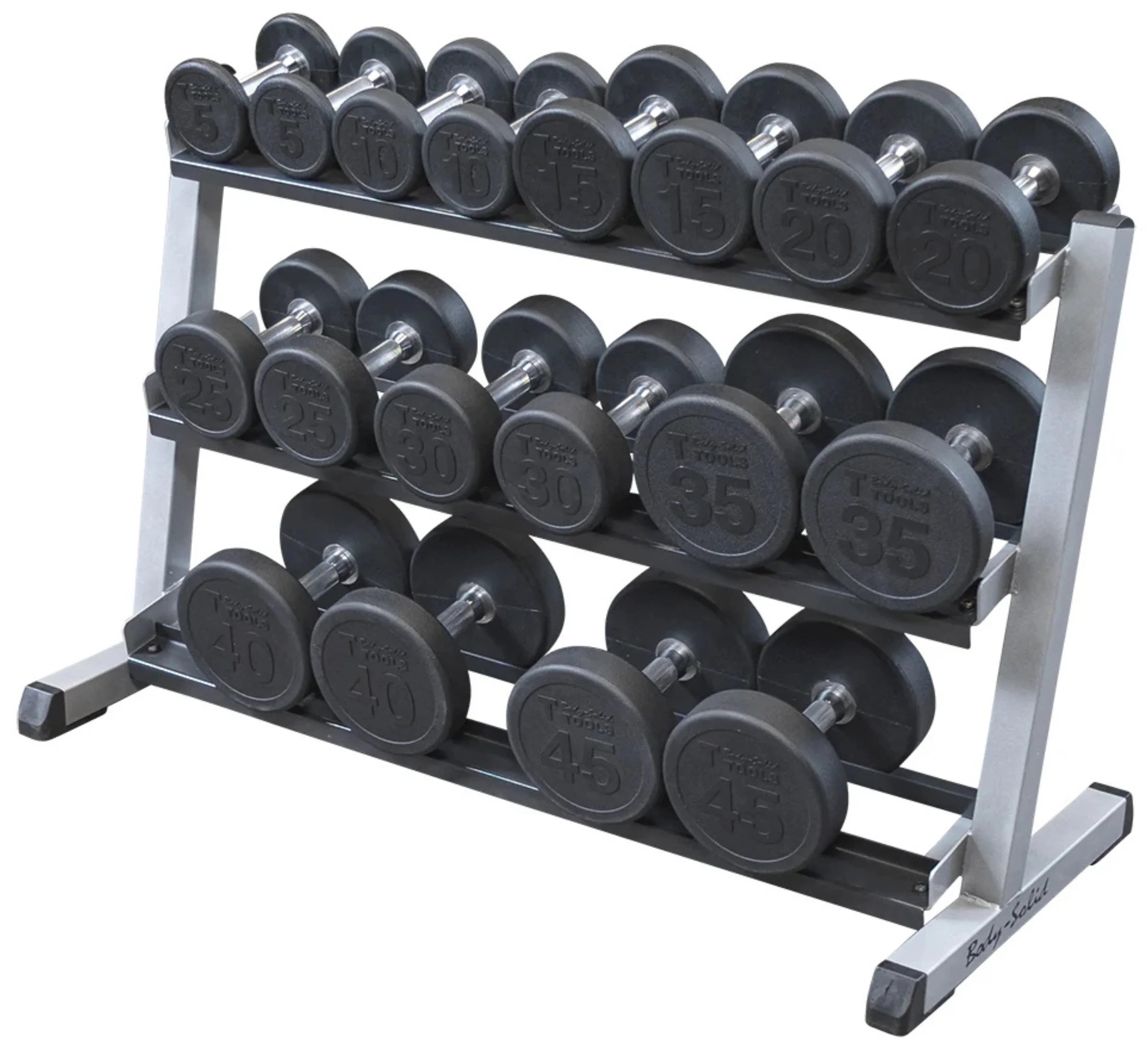 Body Solid GDR48B 3 Tier Horizontal 48" Dumbbell Rack - Angled View with Dumbbbells