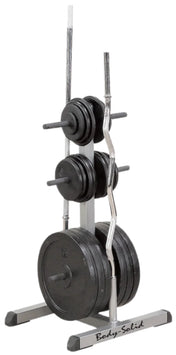 Body Solid GSWT Standard Plate Tree & Bar Holder - Side View with Weight Plates
