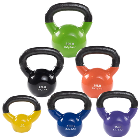 Body Solid KBVS105PACK Vinyl Coated Kettlebell Set 5-30 lb. with GDKR50 (New)
