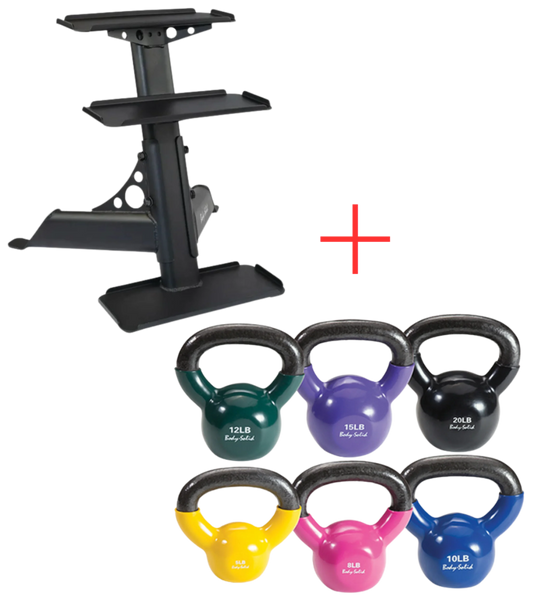 Body Solid KBVS70PACK Vinyl Coated Kettlebell Set 5-20 lb. with GDKR50 (New)