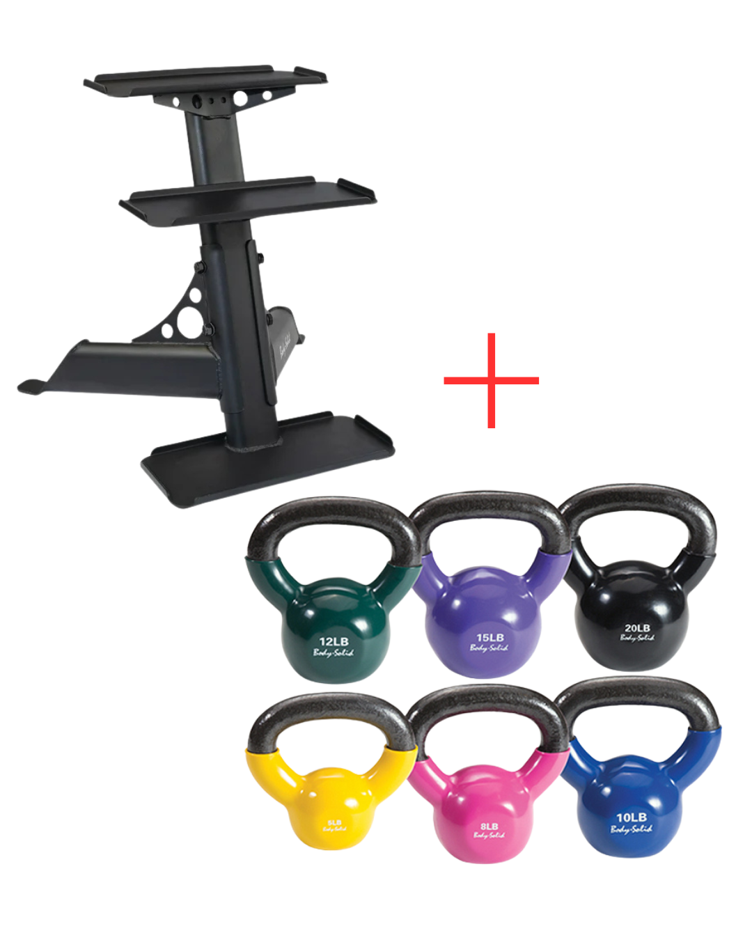 Body Solid KBVS70PACK Vinyl Coated Kettlebell Set 5-20 lb. with GDKR50 (New)