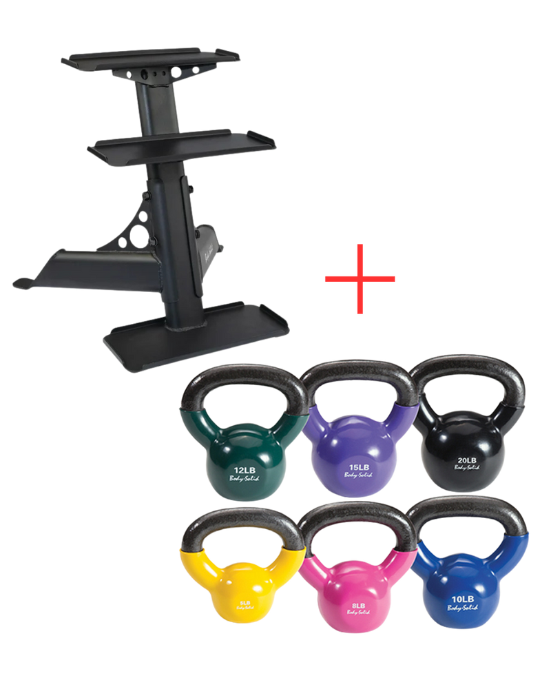 Body Solid KBVS70PACK Vinyl Coated Kettlebell Set 5-20 lb. with GDKR50 (New)
