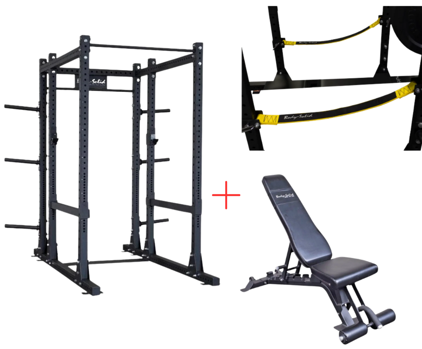 Body-Solid SPR1000SSBackP5 Extended Power Rack w/Adjustable Commercial Bench and Power Rack Strap Safeties (New)