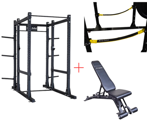 Body-Solid SPR1000SSBackP5 Extended Power Rack w/Adjustable Commercial Bench and Power Rack Strap Safeties (New)