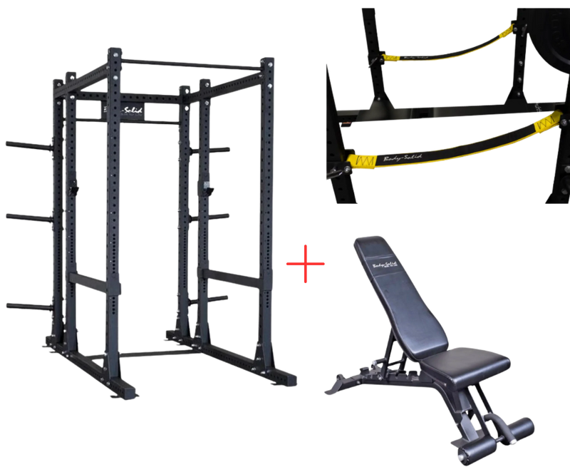 Body-Solid SPR1000SSBackP5 Extended Power Rack w/Adjustable Commercial Bench and Power Rack Strap Safeties (New)