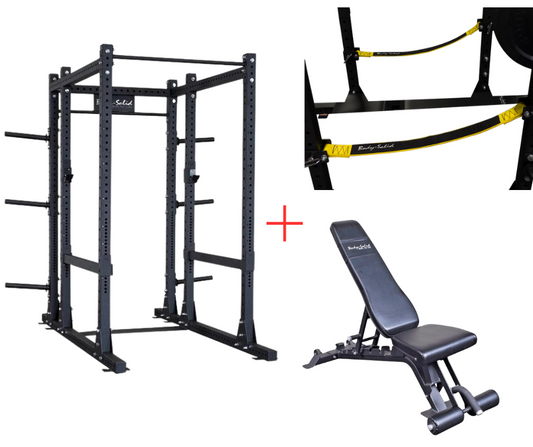 Body-Solid SPR1000SSBackP5 Extended Power Rack w/Adjustable Commercial Bench and Power Rack Strap Safeties (New)
