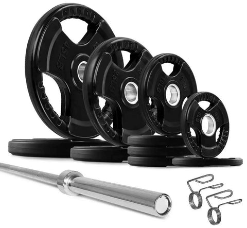 French Fitness Rubber Grip Weight Plate Set w/7 ft Bar 235 lbs + Rack + Bench (New)