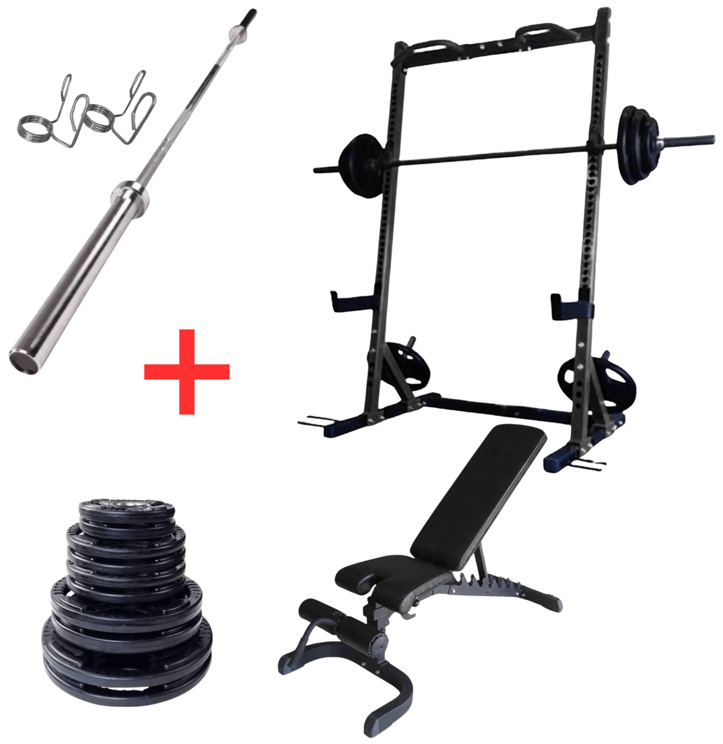 French Fitness Rubber Grip Weight Plate Set w/7 ft Bar 305 lbs + Rack + Bench (New)