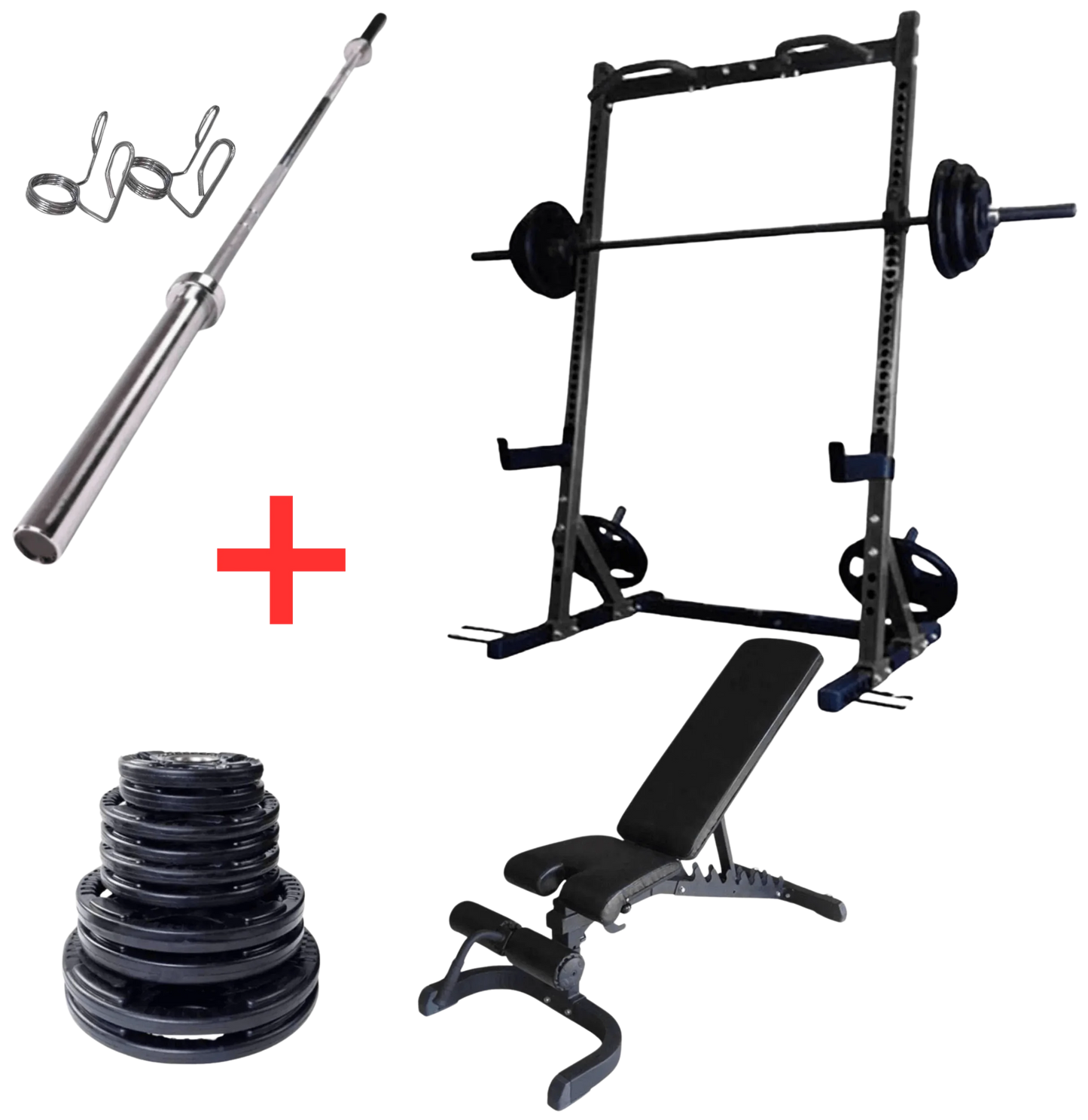 French Fitness Rubber Grip Weight Plate Set w/7 ft Bar 305 lbs + Rack + Bench (New)