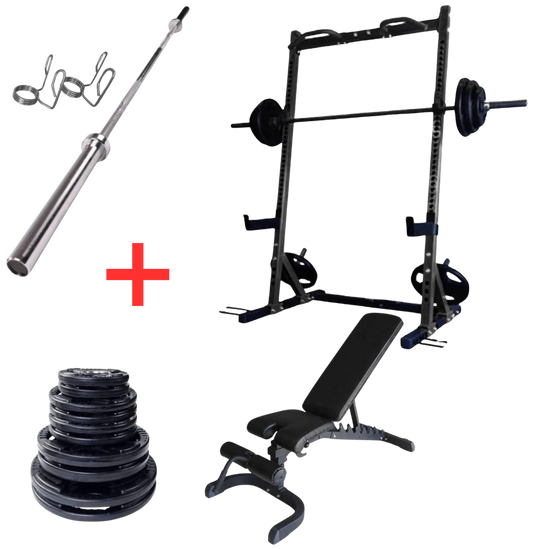 French Fitness Rubber Grip Weight Plate Set w/7 ft Bar 305 lbs + Rack + Bench (New)