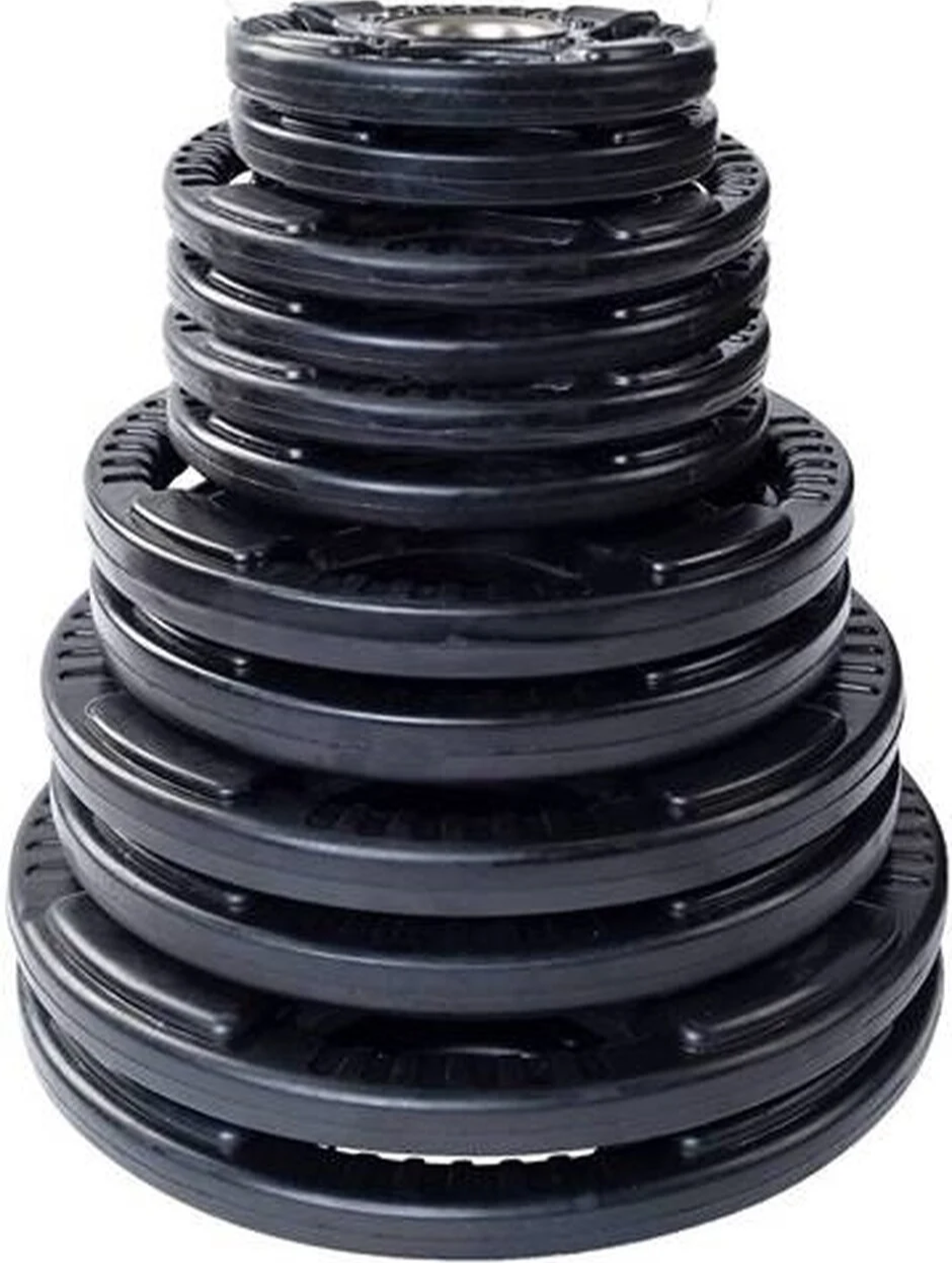 French Fitness Rubber Grip Weight Plate Set w/7 ft Bar 305 lbs + Rack + Bench (New)