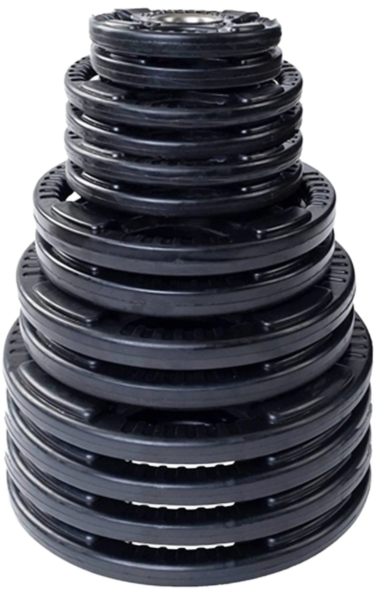 French Fitness Rubber Grip Weight Plate Set w/7 ft Bar 395 lbs + Rack + Bench (New)