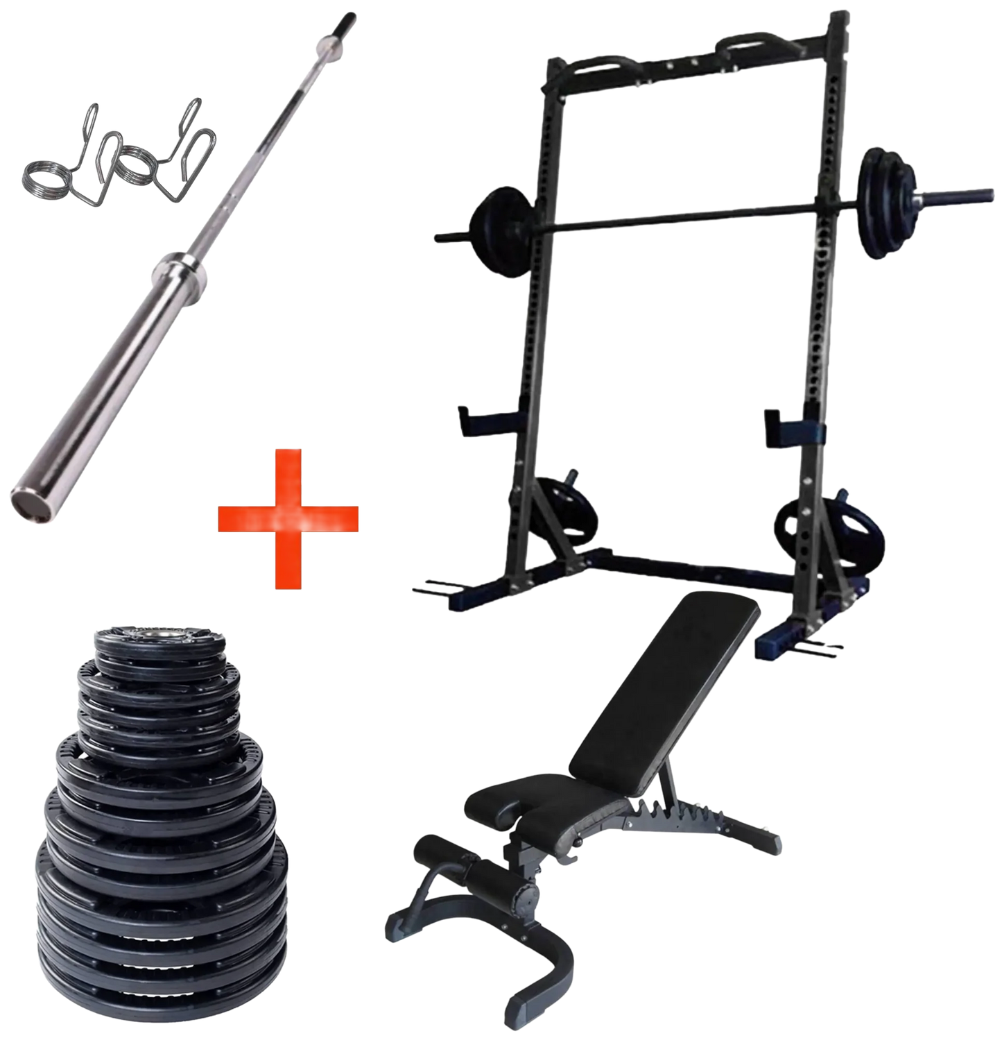 French Fitness Rubber Grip Weight Plate Set w/7 ft Bar 395 lbs + Rack + Bench (New)