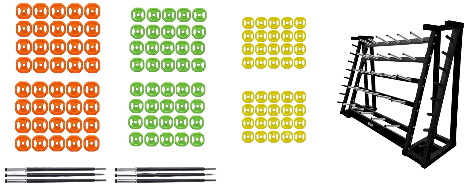 French Fitness - 20 Set Aerobic Bar & Plate Package w/Rack (New) - Front View