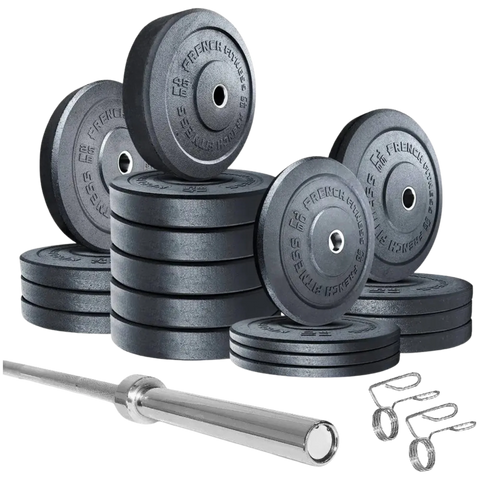 French Fitness Olympic Bumper Plates Set w/7 ft Olympic Bar 515 lbs - Crumb Rubber (New)
