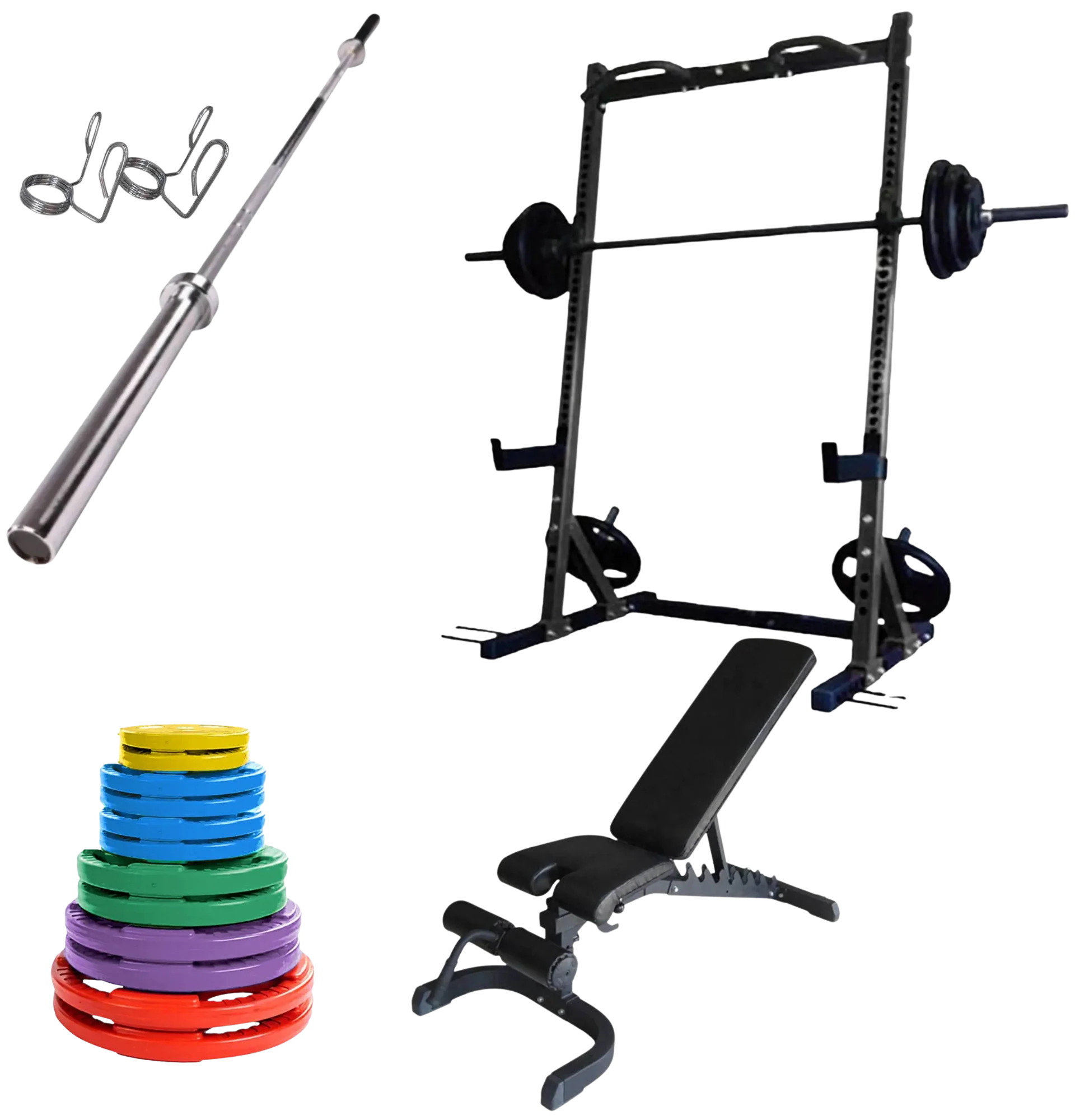 French Fitness Colored Rubber Grip Weight Plate Set w/7 ft Bar 305 lbs + Rack + Bench (New)