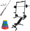 French Fitness Colored Rubber Grip Weight Plate Set w/7 ft Bar 305 lbs + Rack + Bench (New) Image