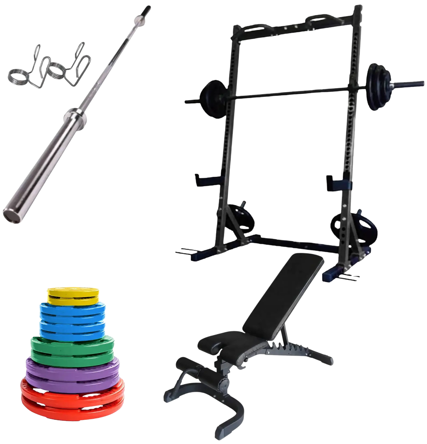 French Fitness Colored Rubber Grip Weight Plate Set w/7 ft Bar 305 lbs + Rack + Bench (New) Image