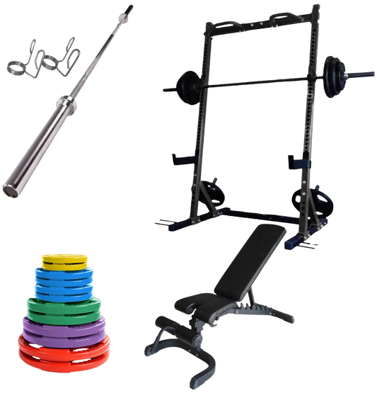 French Fitness Colored Rubber Grip Weight Plate Set w/7 ft Bar 305 lbs + Rack + Bench (New)