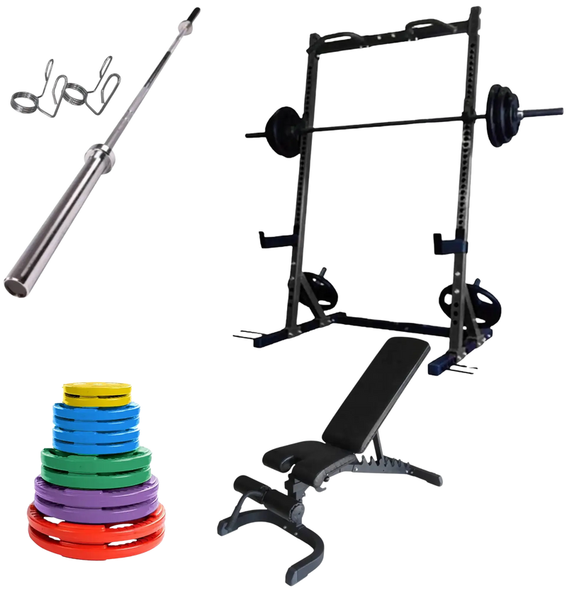French Fitness Colored Rubber Grip Weight Plate Set w/7 ft Bar 305 lbs + Rack + Bench (New) Image