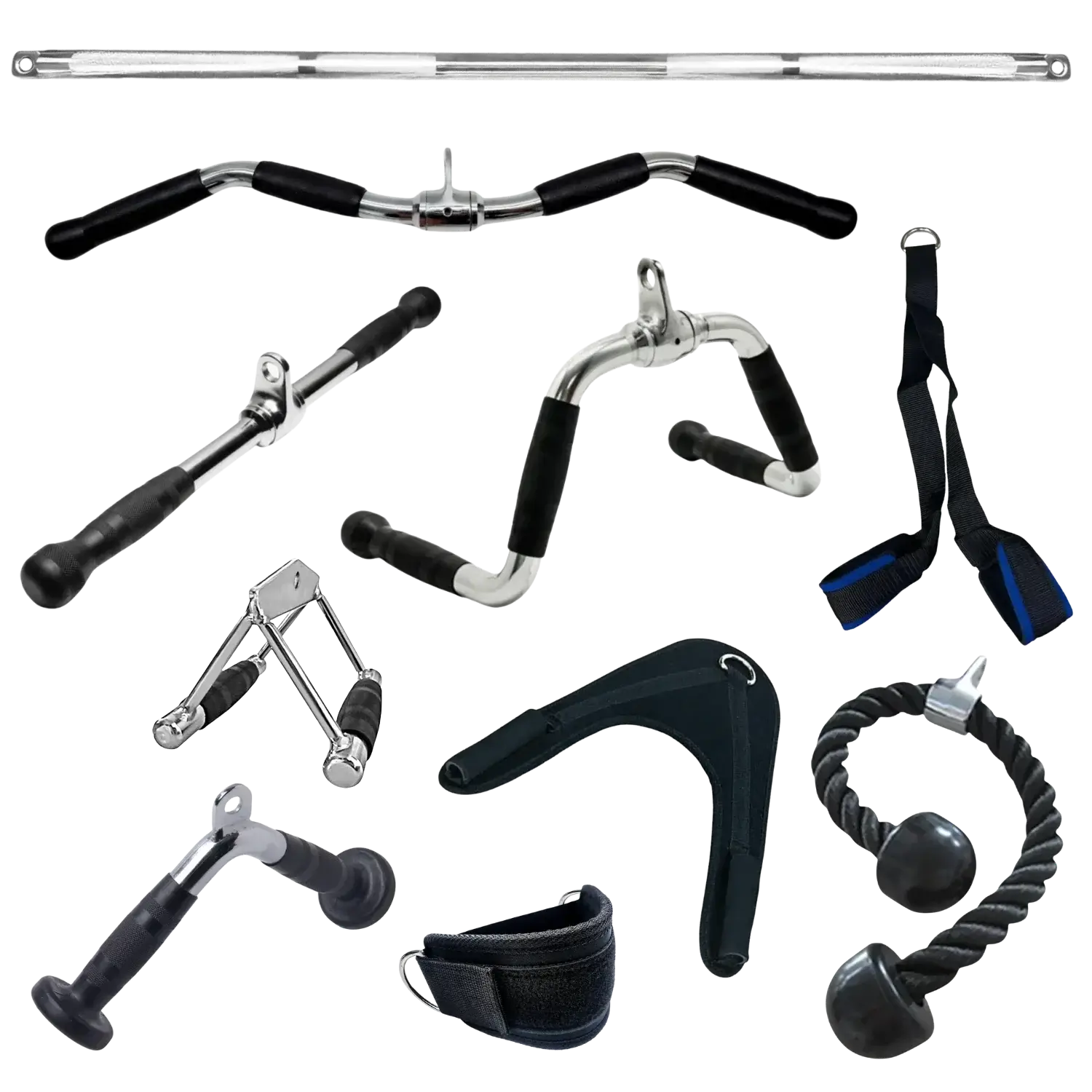French Fitness 10 piece cable attachment bundle front view