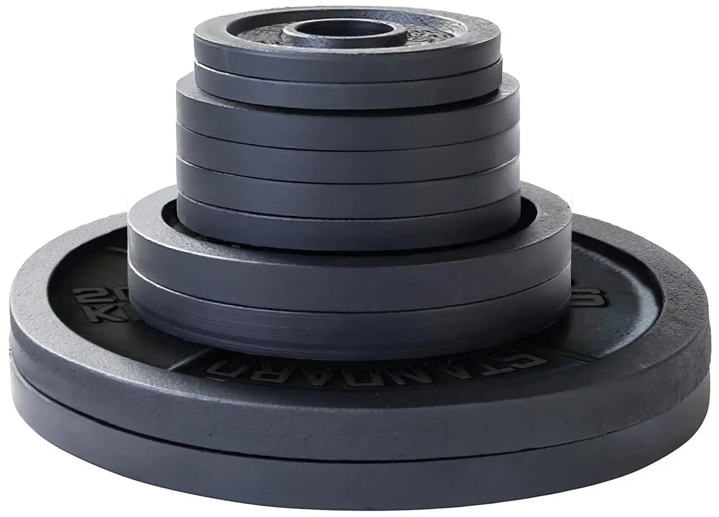 French Fitness - Cast Iron Olympic Weight Plate V1 Set w/7 ft Olympic Bar 235 lbs (New) - Front View