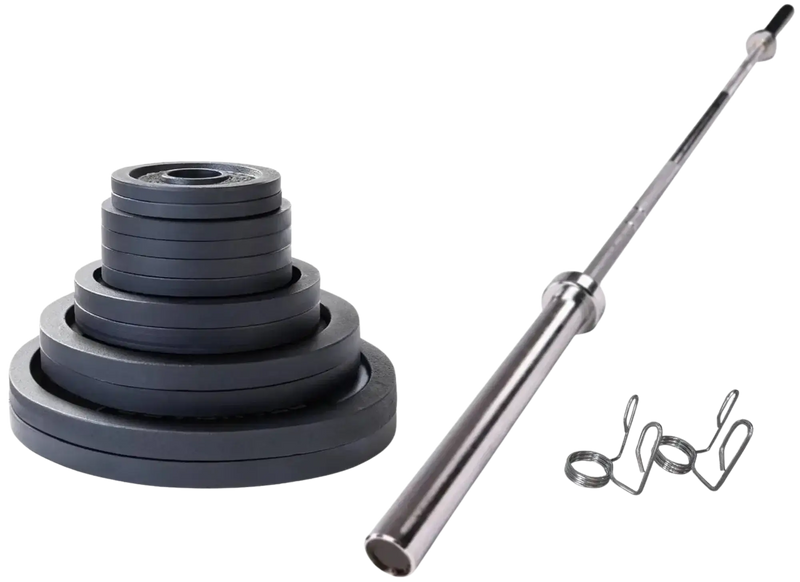 French Fitness - Cast Iron Olympic Weight Plate V1 Set w/7 ft Olympic Bar 305 lbs (New) - Front View